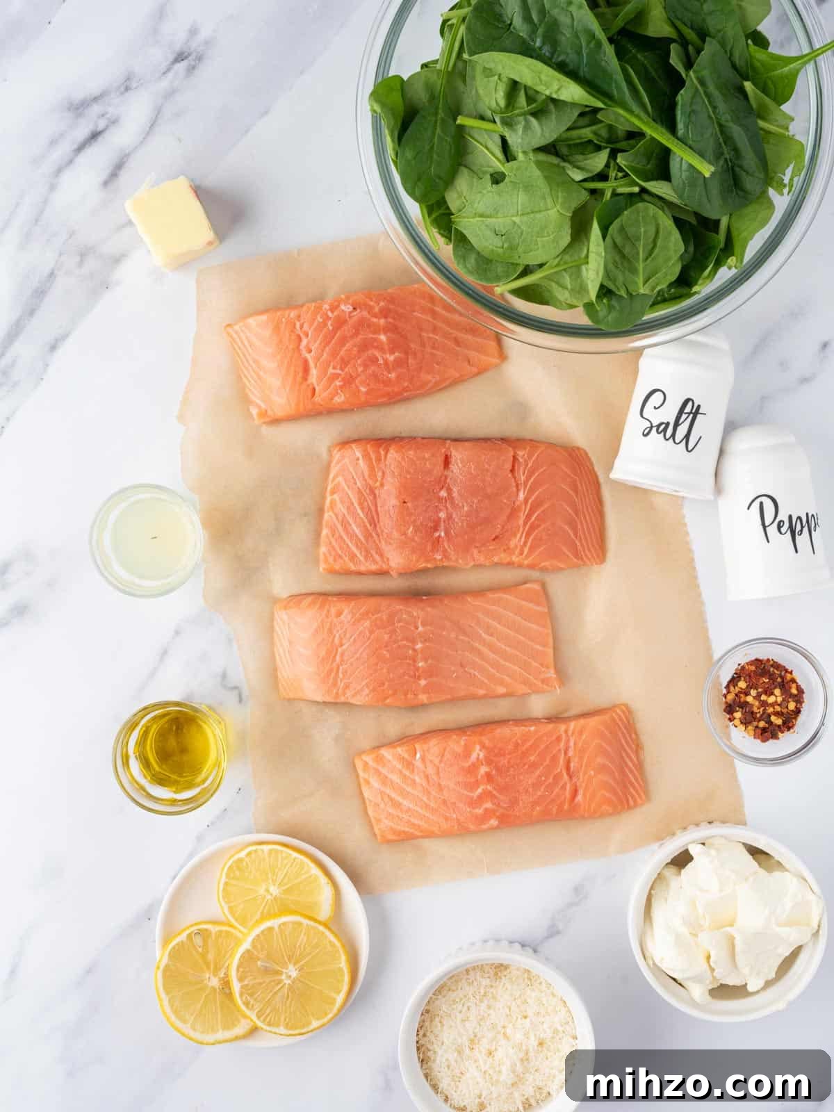 Creamy Spinach-Stuffed Salmon Fillets with Garlic Butter 3 Ingredients needed to make creamy stuffed spinach salmon.
