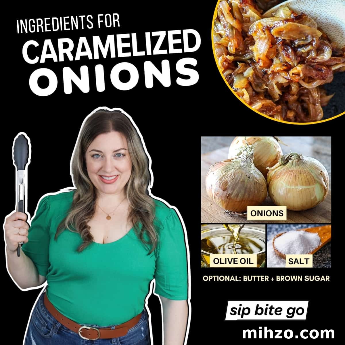 Caramelized Onions Recipe for Steaks, Burgers & Side Dishes 3 Infographic chart with ingredients for caramelized onions