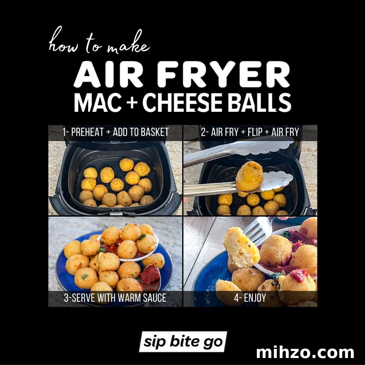Air Fryer Mac and Cheese Balls from Premade or Frozen 5 Infographic demonstrating how to air fry mac and cheese balls