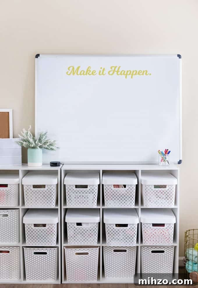 Craft Room Makeover Ideas: Transform Your Creative Space 11 White Board with white woven plastic storage bins
