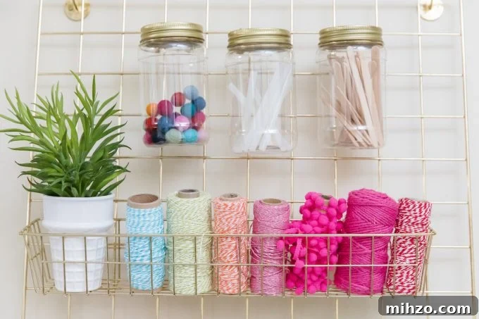 Craft Room Makeover Ideas: Transform Your Creative Space 9 Wire wall hanger for ribbon, twine, and jars