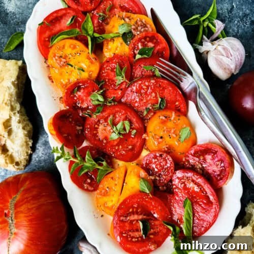 Heirloom Tomato Salad with Garlic, Oregano & Basil Dressing 14 Overhead of heirloom tomato salad on a white platter