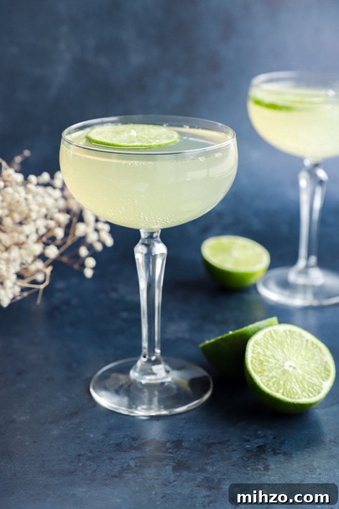 Elderflower Sparkling Cocktail Guide 3 elderflower cocktail in coupe glass with lime wheel garnish