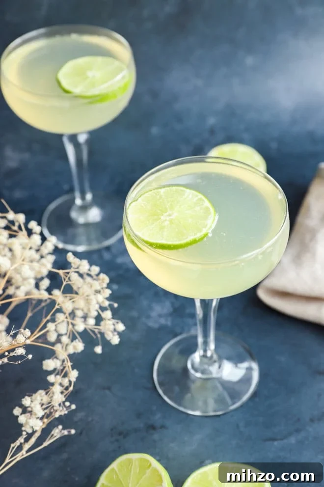 Elderflower Sparkling Cocktail Guide 7 champagne drinks in cocktail glasses with flowers and limes in the background