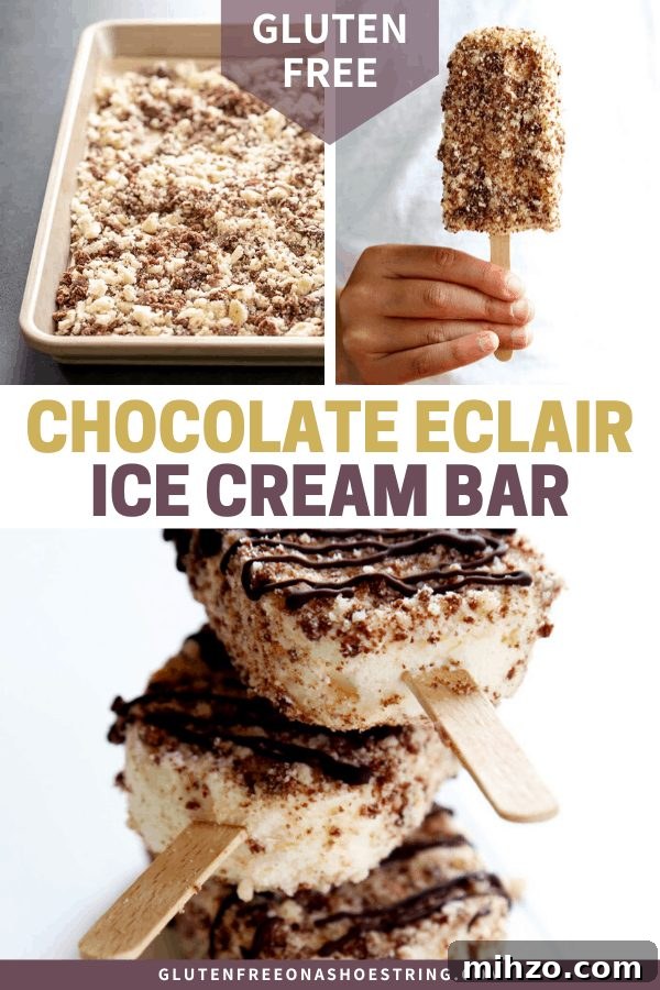 Gluten-Free Chocolate Éclair Ice Cream Bars (Good Humor Copycat) 8 chocolate eclair ice cream bar topping crumbled on tray, and ice cream bar