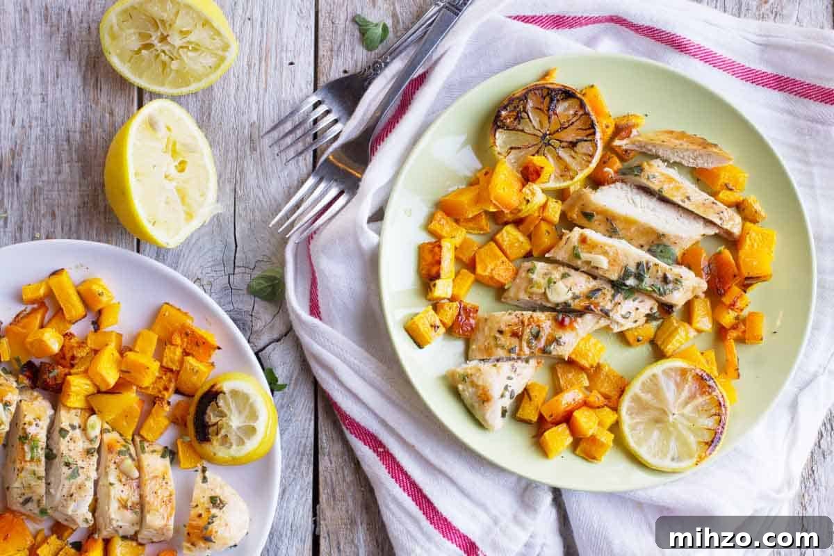 Two plates with Easy Lemon Chicken with Butternut Squash