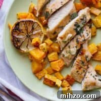 plate with Lemon Chicken with Butternut Squash with grilled lemon