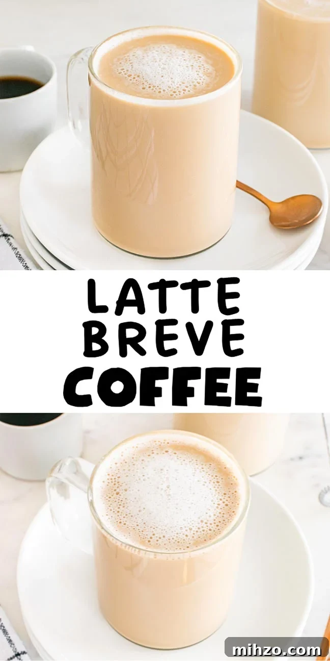 Glass mugs of creamy latte breve coffee on white plates, one with a spoon.