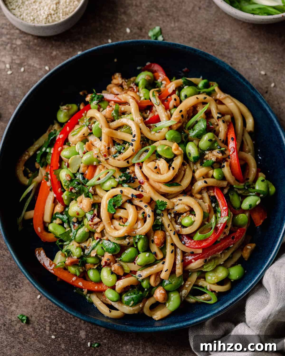 vegan noodles with chili garlic sauce and bell peppers in navy blue bowl on brown backdrop, with bowl of sesame seeds