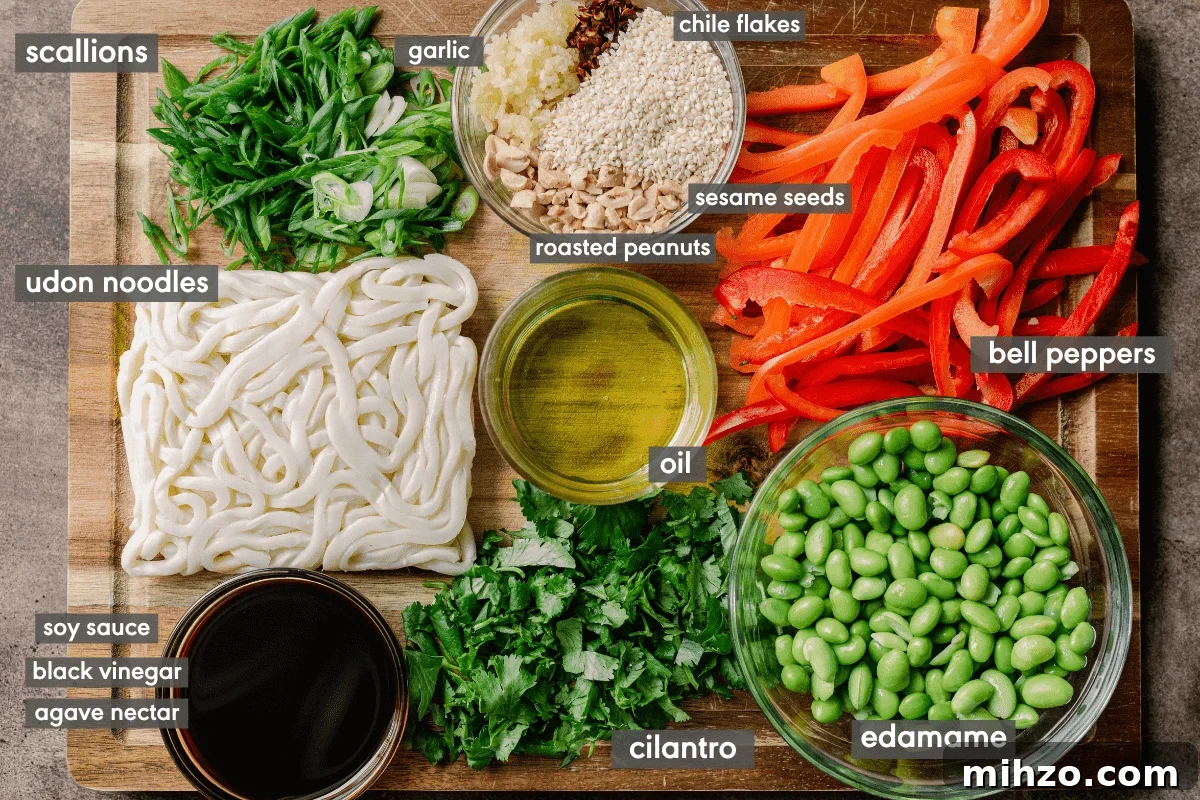 ingredients for vegan noodles with ingredients labeled