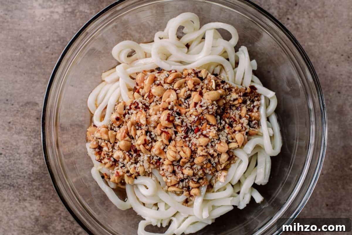 udon noodles covered in garlic chili oil