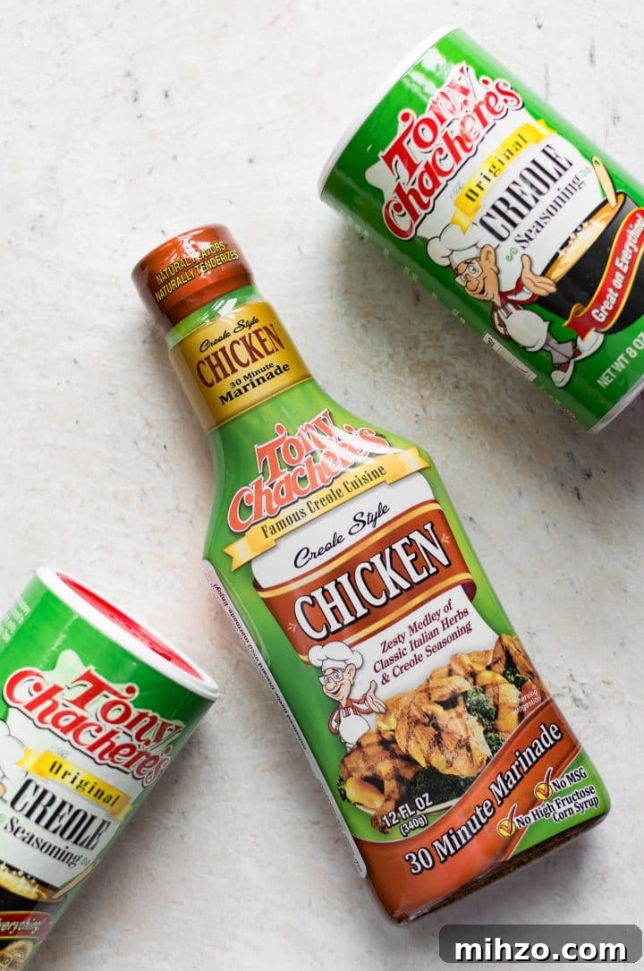 Spicy Cajun Pasta Salad with Creamy Remoulade Dressing 3 bottle of Tony Chachere's Creole Style Chicken Marinade and containers of Creole Seasoning