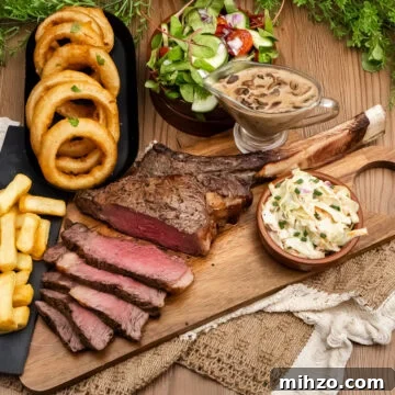 Tomahawk Steak sliced on a wooden chopping board served with mushroom sauce, chips, beer battered onion rings, homemade coleslaw and a side salad