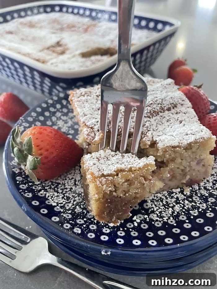 A slice of Strawberry Rhubarb Coffee Cake dusted with powdered sugar on a stack of dark blue and white polkadotted plates surrounded by whole strawberries with a fork inserted vertically into a corner of the slice of cake. In the lefthand bottom corner is a fork, and faded in the background is a 9x13 baking dish of Strawberry Rhubarb Coffee Cake.