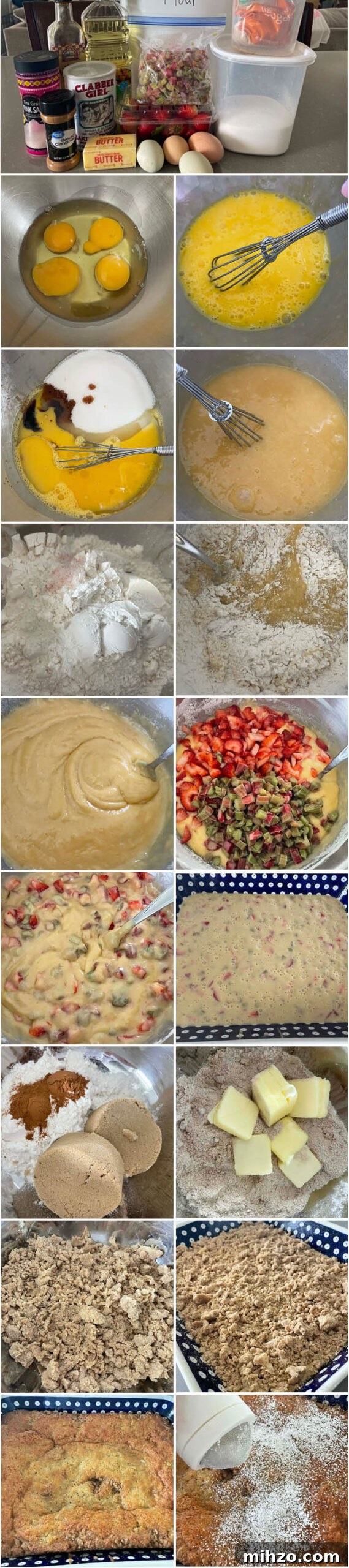 17-photo picture collage of step-by-step photos of how to make Strawberry Rhubarb Coffee Cake.