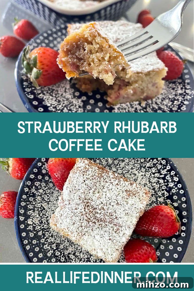 Two-photo Pinterest picture of Strawberry Rhubarb Coffee Cake with the text of the title in the middle, separating the two photos. 