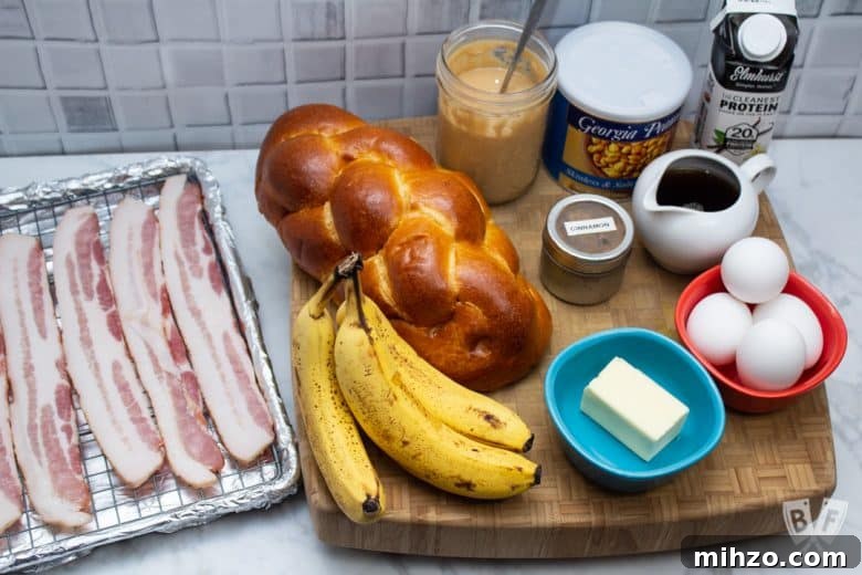 Elvis-Inspired Banana-Peanut Butter Challah French Toast 4 Overhead view of ingredients for Elvis-Style Challah French Toast
