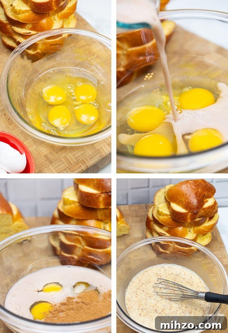 Elvis-Inspired Banana-Peanut Butter Challah French Toast 5 Process shots for making Elvis-Style Challah French Toast batter