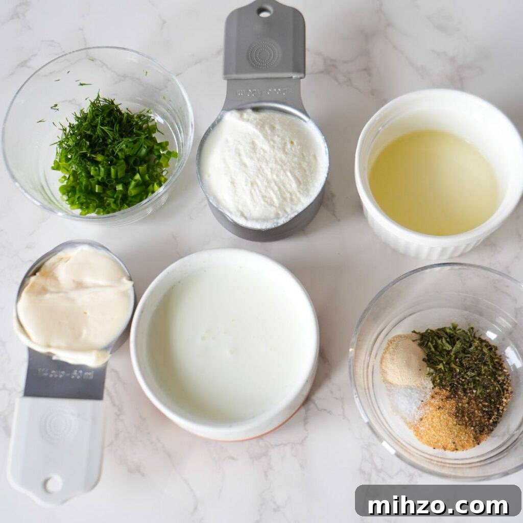 Ingredients for Homemade buttermilk ranch dressing.