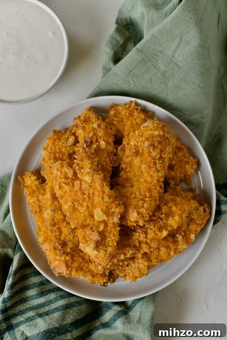 Crunchy Dorito-Crusted Baked Chicken Recipe 9 Plate of Dorito Chicken tenders piled up with some ranch on the side to dip them in.