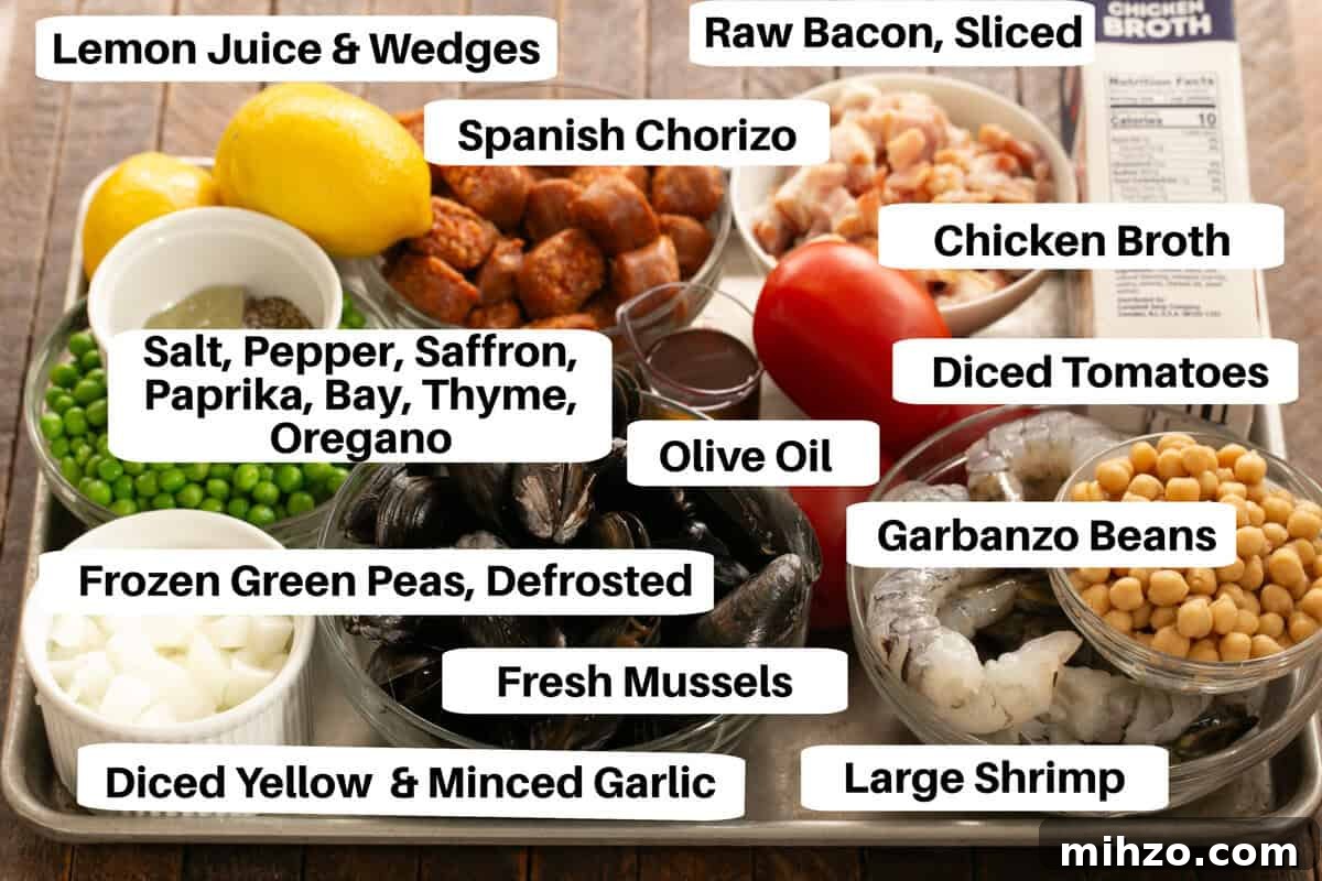 Julia Child’s American-Style Paella Recipe 3 Paella Ingredients with images on a sheetpan.
