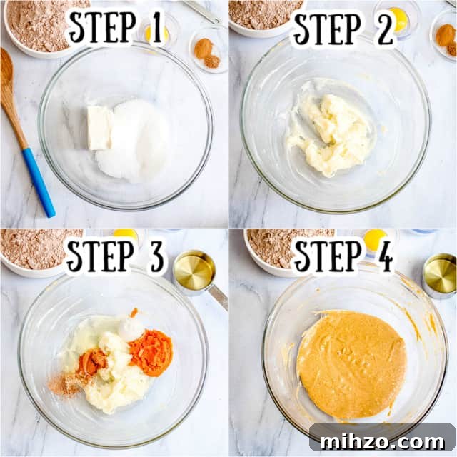collage of step-by-step photos adding the ingredients for the pumpkin cheesecake swirl in to a glass bowl