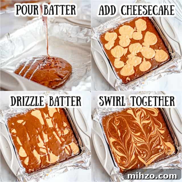 step-by-step collage photos of swirling cheesecake brownies