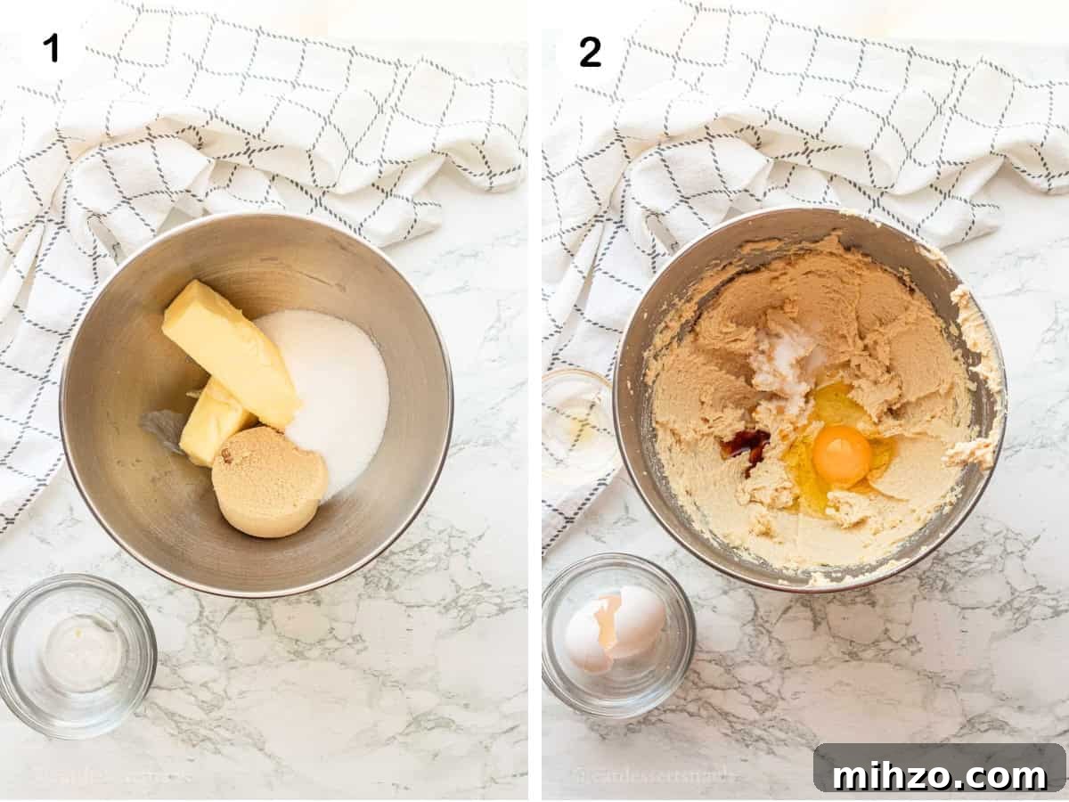 Authentic Neapolitan Cookies Recipe: Classic Layered Biscuits 4 Butter, brown sugar, and white sugar in metal mixing bowl and creamed butter with egg, vanilla, and salt in bowl.