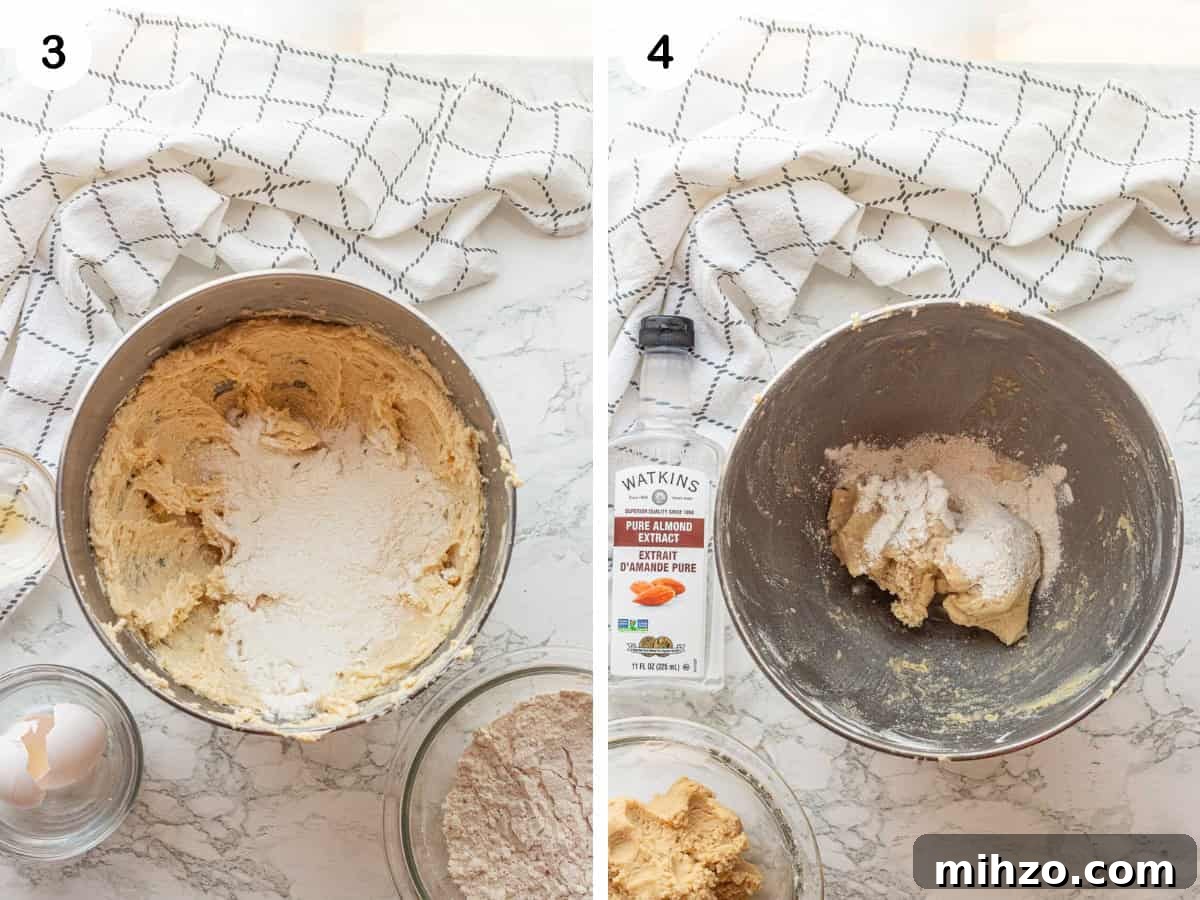 Authentic Neapolitan Cookies Recipe: Classic Layered Biscuits 5 Creamed butter and sugar with flour in metal bowl, and flour and almond extract in metal bowl.