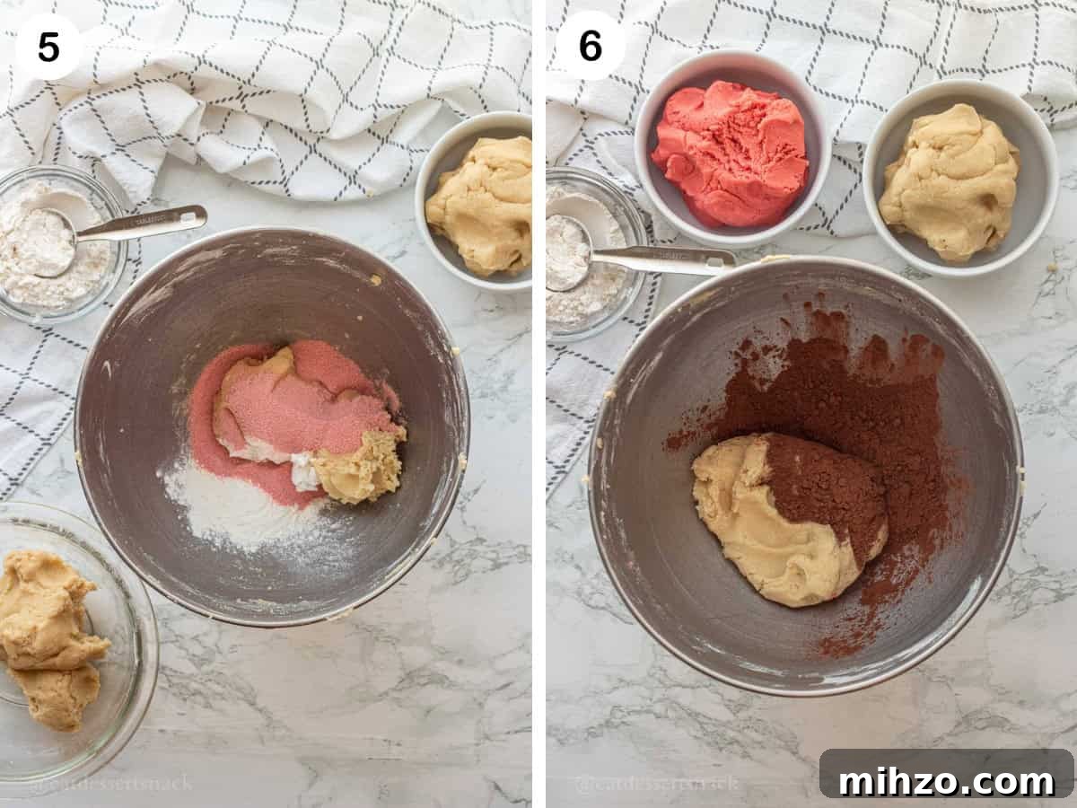 Authentic Neapolitan Cookies Recipe: Classic Layered Biscuits 6 Strawberry Jello powder in mixing bowl with raw dough and cocoa powder in mixing bowl with raw dough.