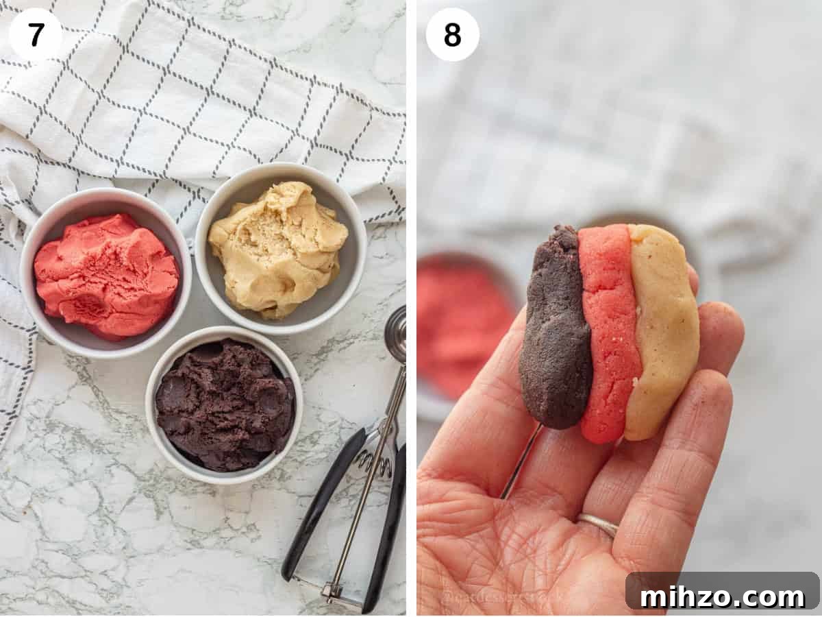 Authentic Neapolitan Cookies Recipe: Classic Layered Biscuits 7 Pink strawberry dough, vanilla dough, and chocolate cookie dough in 3 glass bowls with hand holding three pieces of each dough.