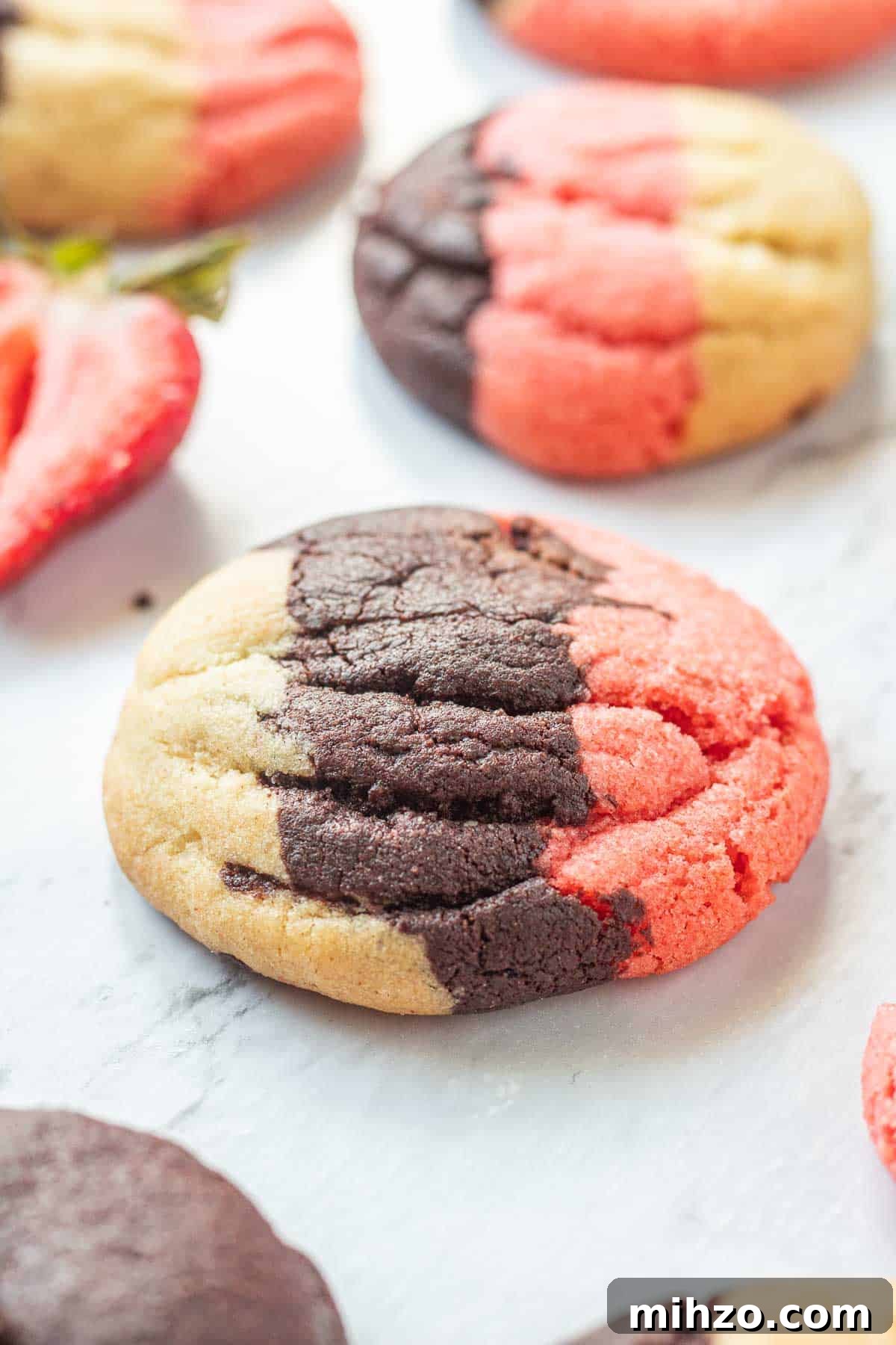 Authentic Neapolitan Cookies Recipe: Classic Layered Biscuits 10 Neapolitan cookie baked with half of strawberry on marble.