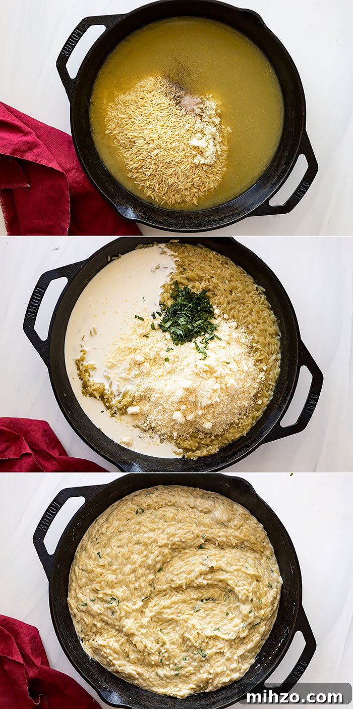 Creamy Parmesan Orzo with Garlic and Herbs 4 Three pictures showing how to make this dish: cooking the pasta in broth, stirring in the remaining ingredients, and how it looks finished.