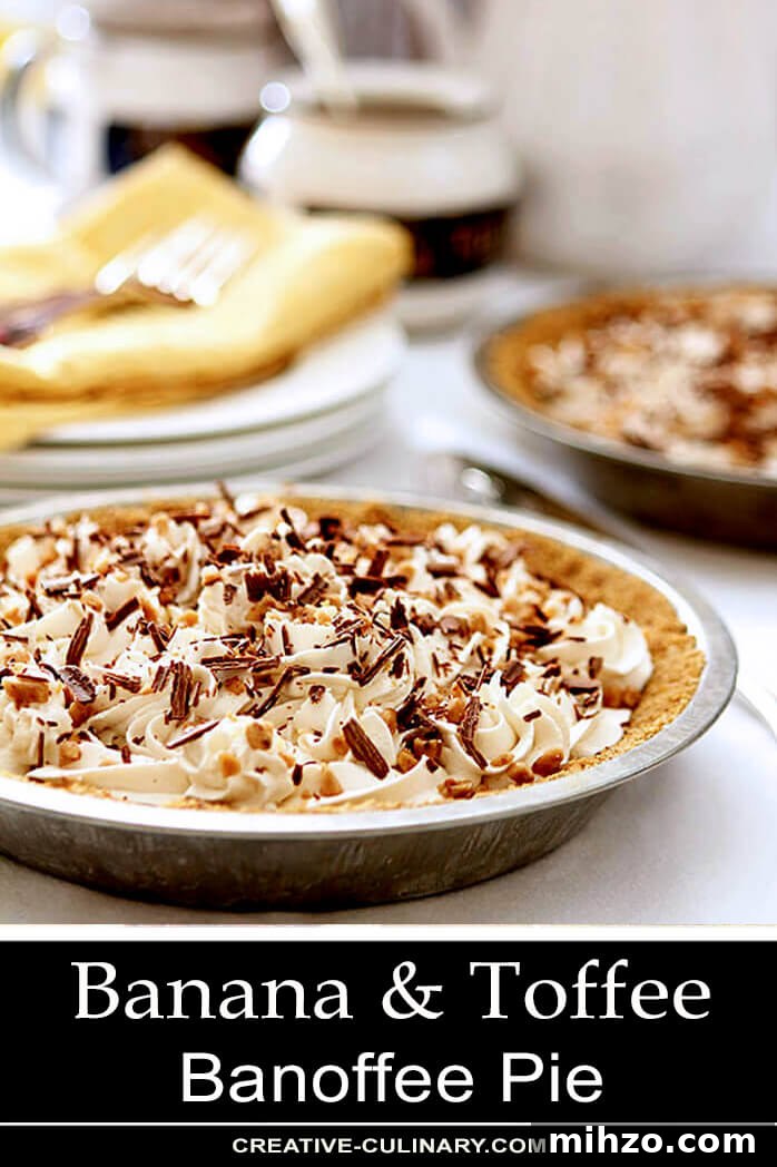 Bourbon-Infused Banoffee Pie: Caramel and Banana Dessert 3 Whole Banana and Caramel Pie with Whipped Cream and Toffee Bits