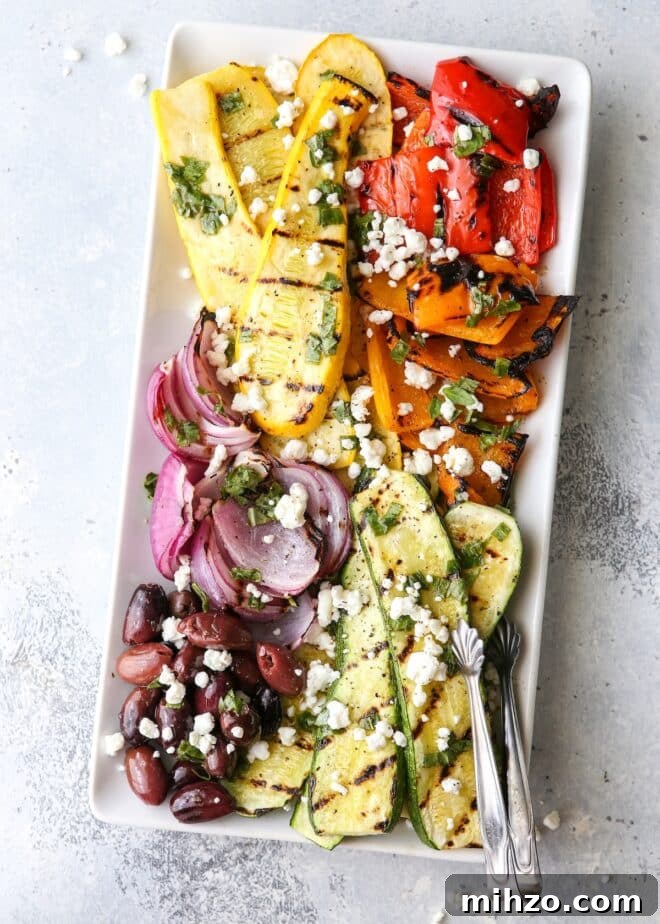 Grilled Vegetable Antipasto Platter: Perfect Party Starter 2 This grilled vegetable antipasto platter of zucchini, summer squash, red onion, bell peppers caramelized on the grill and served with kalamata olives, goat cheese and basil dressing is exactly what your next summer dinner party needs!