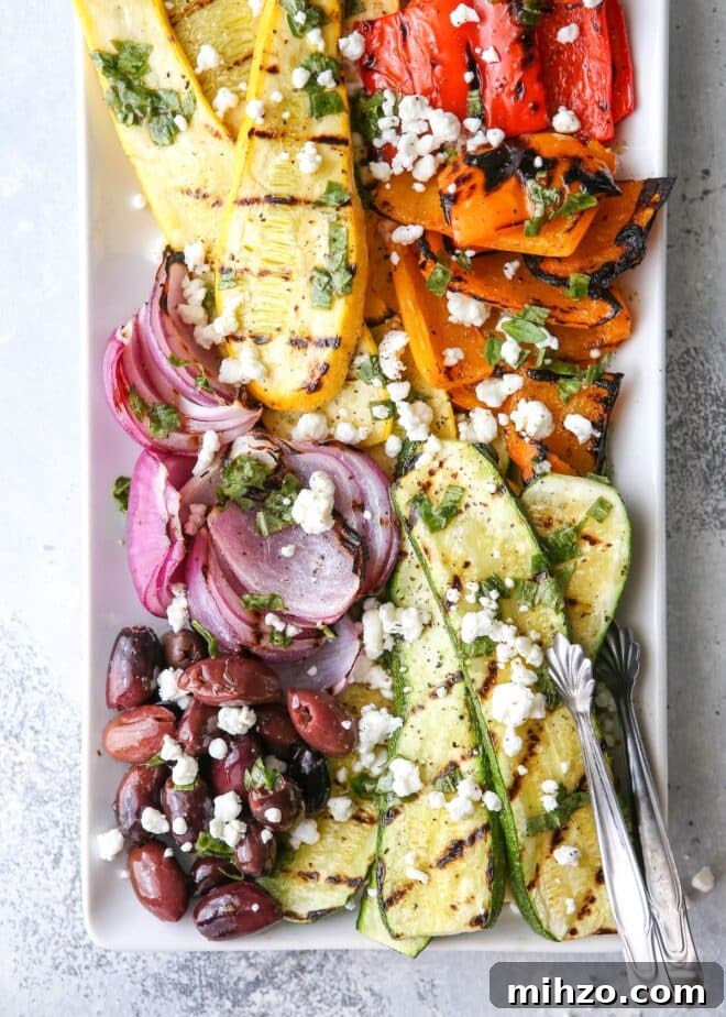 Grilled Vegetable Antipasto Platter: Perfect Party Starter 5 This grilled vegetable antipasto platter of zucchini, summer squash, red onion, bell peppers caramelized on the grill and served with kalamata olives, goat cheese and basil dressing is exactly what your next summer dinner party needs!