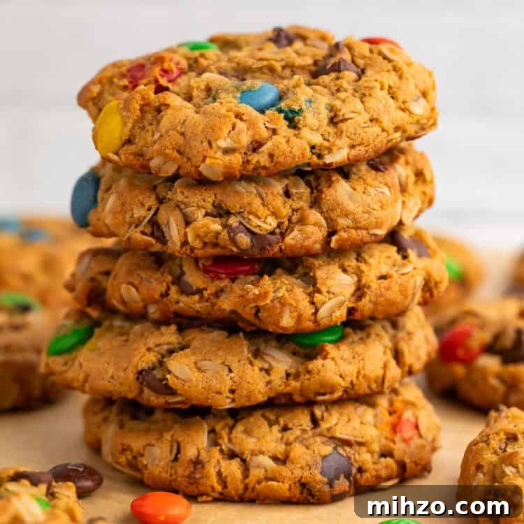 Gluten-Free Monster Cookie Recipe: Chewy, Chocolate-Packed Treats 5 Stack of monster cookies on a piece of baking parchment.