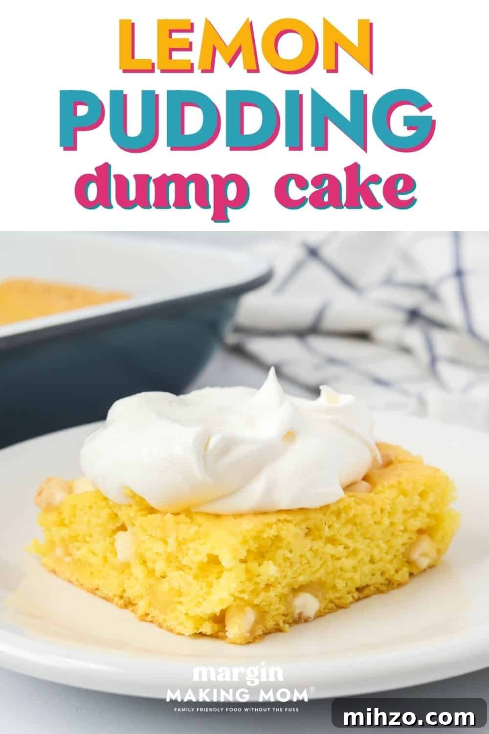 Creamy Lemon Pudding Dump Cake Recipe for Quick Desserts 2 Slice of lemon pudding dump cake on a white dessert plate, garnished with whipped topping. The cake pan is in the background.