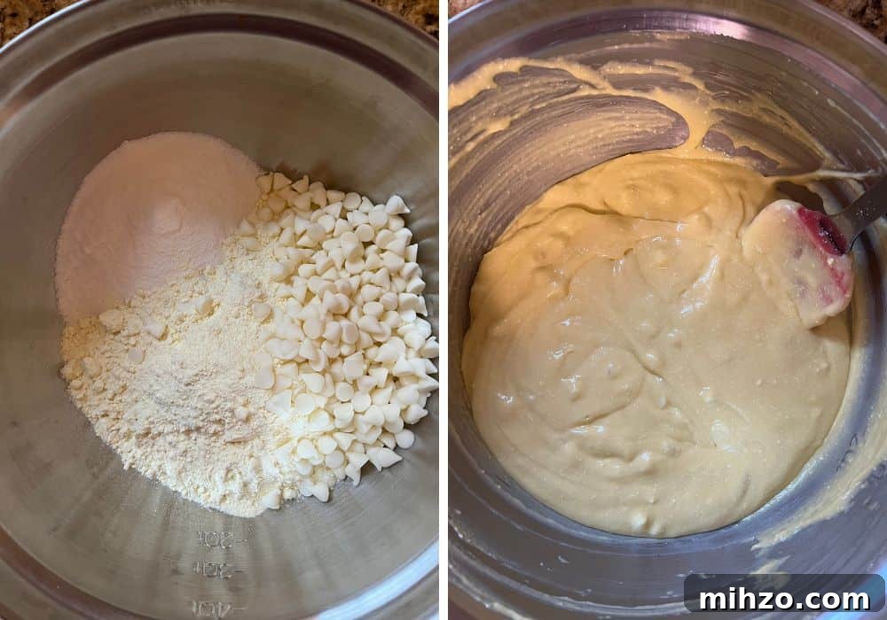 Creamy Lemon Pudding Dump Cake Recipe for Quick Desserts 4 two photos; one shows cake mix, pudding mix, and white chocolate chips in a mixing bowl. The other shows the batter stirred together after milk was added.