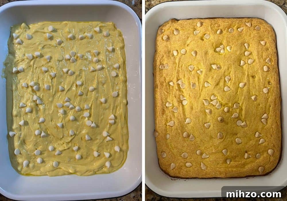 Creamy Lemon Pudding Dump Cake Recipe for Quick Desserts 5 two photos; one shows the cake batter spread in a greased pan, with white chocolate chips sprinkled over the batter. The other shows the cake in the pan after baking.
