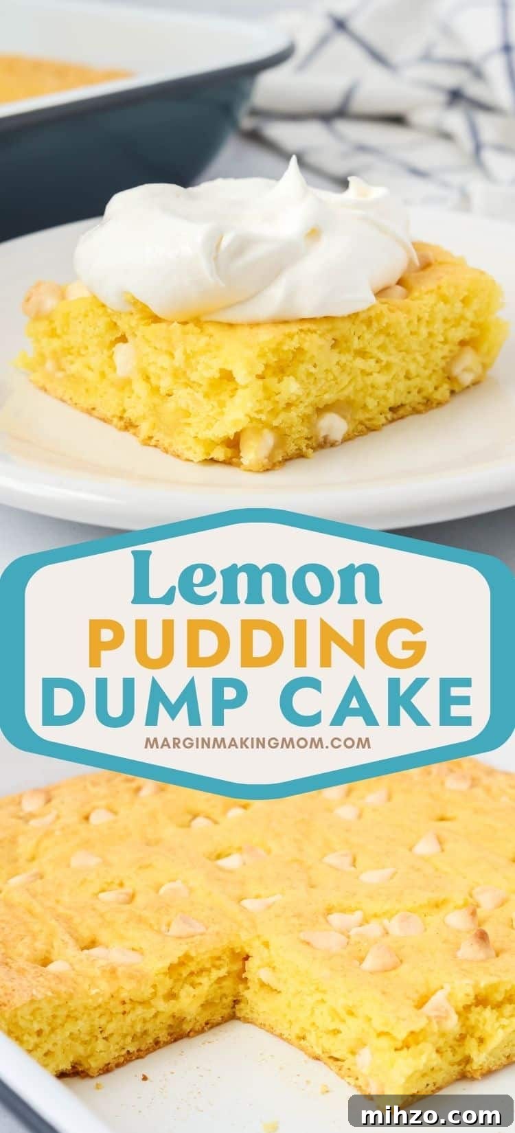 Creamy Lemon Pudding Dump Cake Recipe for Quick Desserts 9 Two photos. One shows a Slice of low fat lemon pudding cake, topped with Cool Whip, on a white plate. The other shows the pan of cake, with several slices removed.