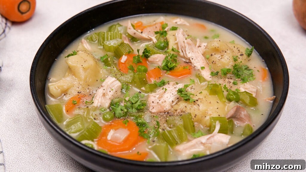 Gluten-Free Soup Dumplings Recipe: How to Make Juicy Xiao Long Bao 14 Close-up of the finished gluten-free chicken and dumplings with vegetables in broth.