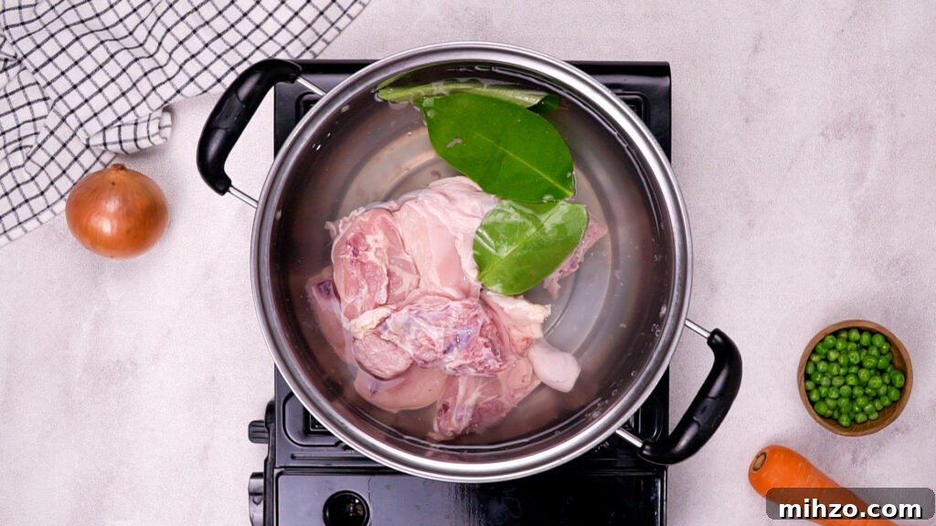 Gluten-Free Soup Dumplings Recipe: How to Make Juicy Xiao Long Bao 7 Raw chicken and bay leaves in a pot of water on the stove.