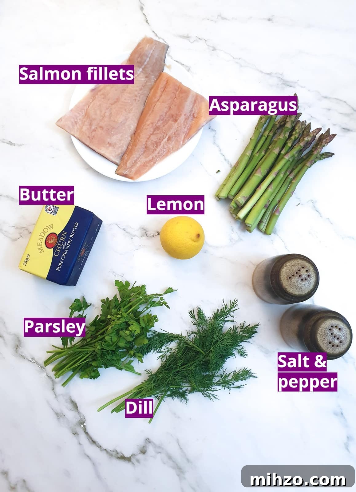 Lemon Herb Butter Salmon and Asparagus Parcels 4 Ingredients for making salmon and asparagus parcels.