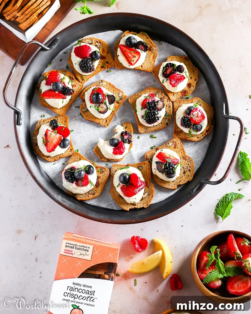 Mascarpone Berry Cracker Crisps — Sweet Savory Appetizer Recipe 2 A tray of cracker crisps with mascarpone and berries