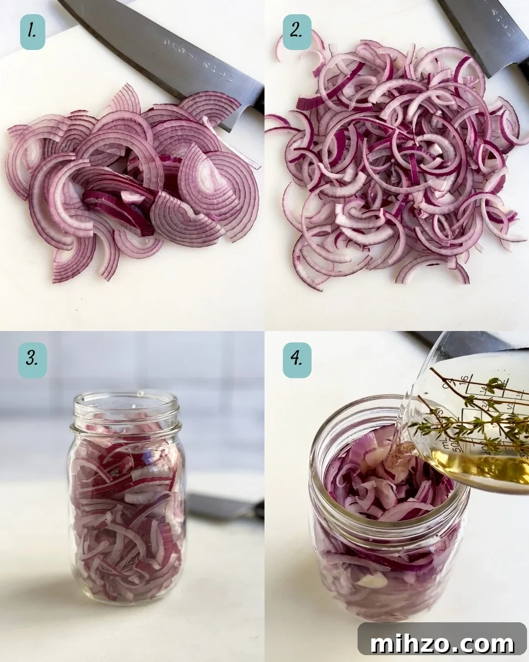 Crisp Pickled Red Onions: Quick Tangy Recipe for Sandwiches & Salads 4 Process collage showing slicing of red onion, placing in jar and adding pickling liquid.