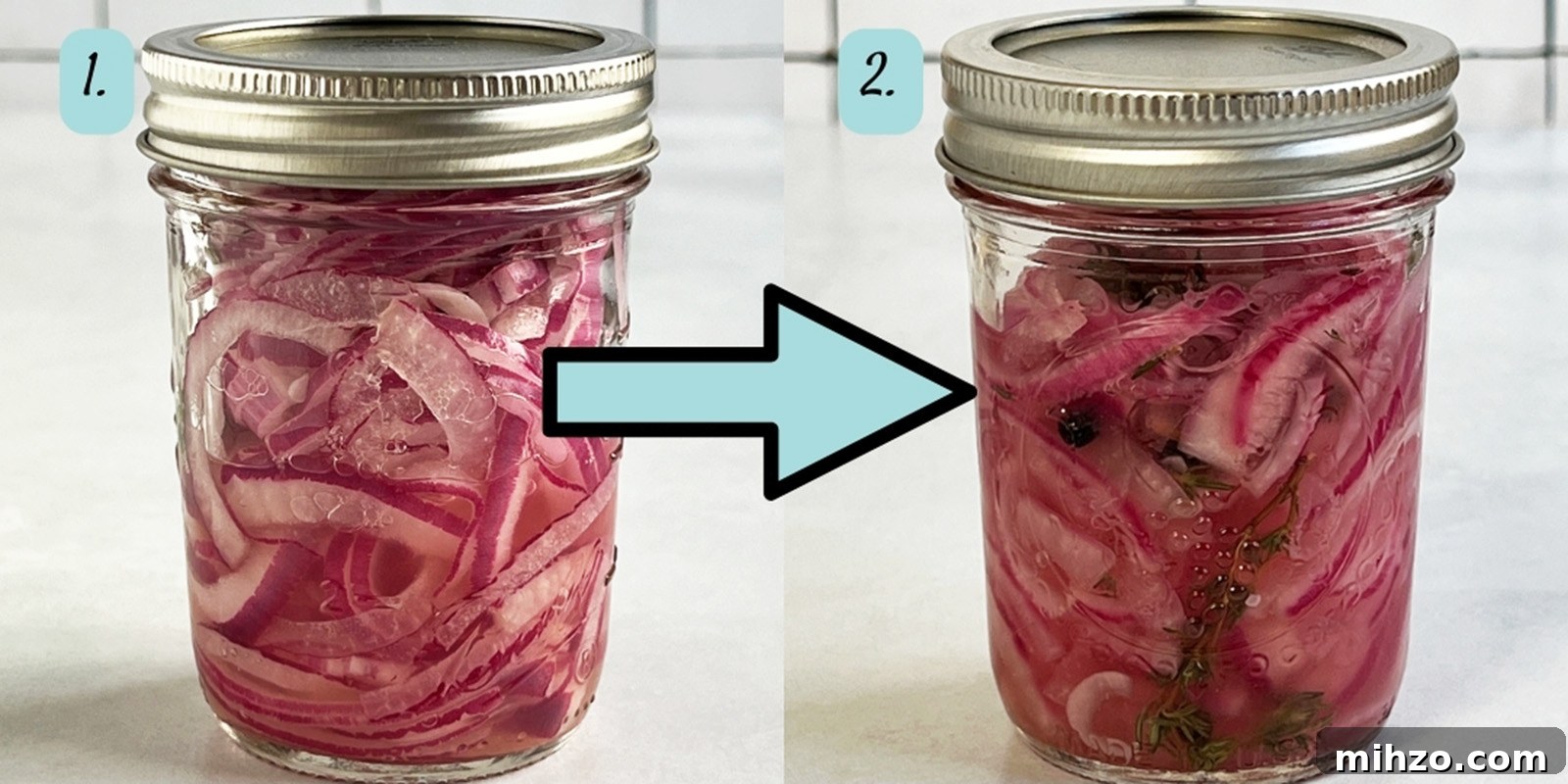 Crisp Pickled Red Onions: Quick Tangy Recipe for Sandwiches & Salads 5 Process shot showing pickled red onions in the jar at the start of pickling and an hour in.