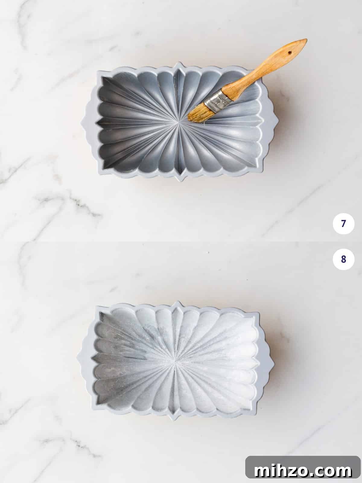 Moist Lemon Loaf Cake Recipe with Zesty Glaze 6 Buttering and flouring a decorative loaf cake pan to prevent the cake from sticking to the pan.