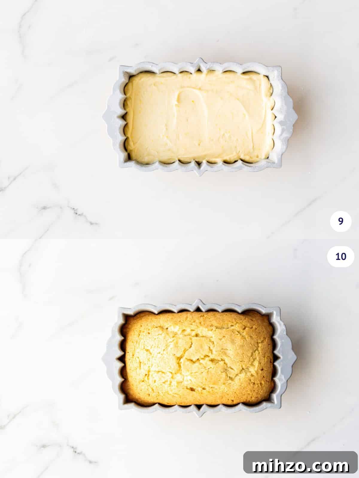 Moist Lemon Loaf Cake Recipe with Zesty Glaze 7 Lemon loaf cake before and after baking in a decorative NordicWare loaf cake pan.