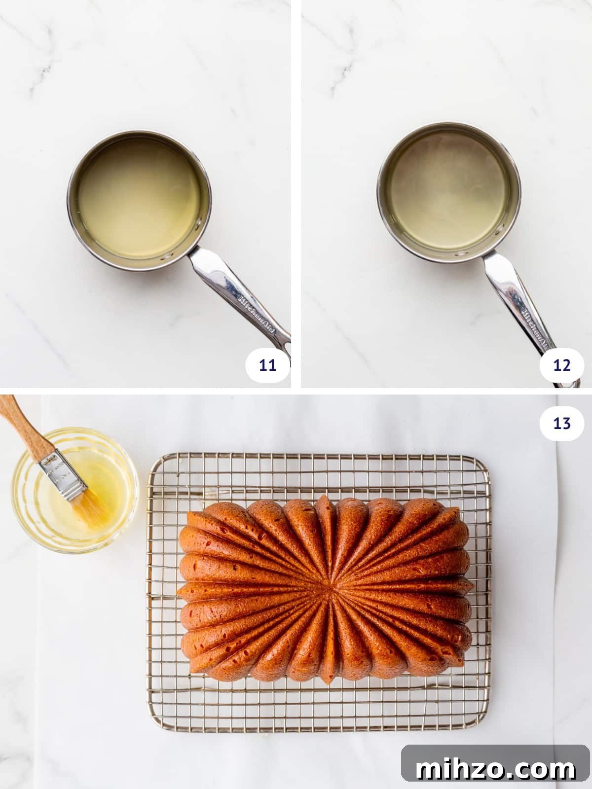 Moist Lemon Loaf Cake Recipe with Zesty Glaze 8 Preparing a lemon syrup in a saucepan to brush onto a homemade lemon loaf cake set on a rack.
